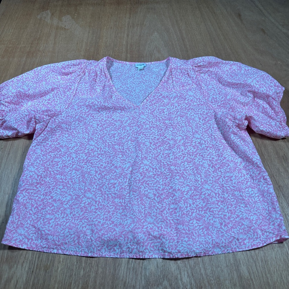 J.Crew Blouse Women XXL Pink Floral V-Neck Puff Sleeve Cotton Top BI209